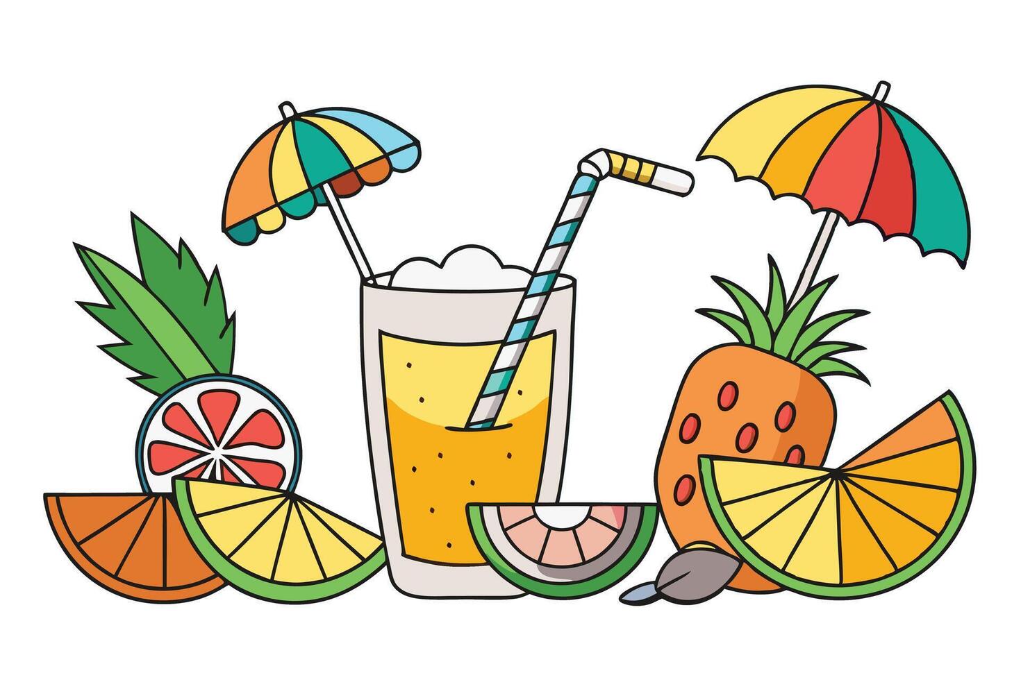 Vibrant tropical cocktail with multiple fruits such as pineapple, watermelon, and citrus, featuring a colorful straw and a cocktail umbrella for a fun summer vibe vector