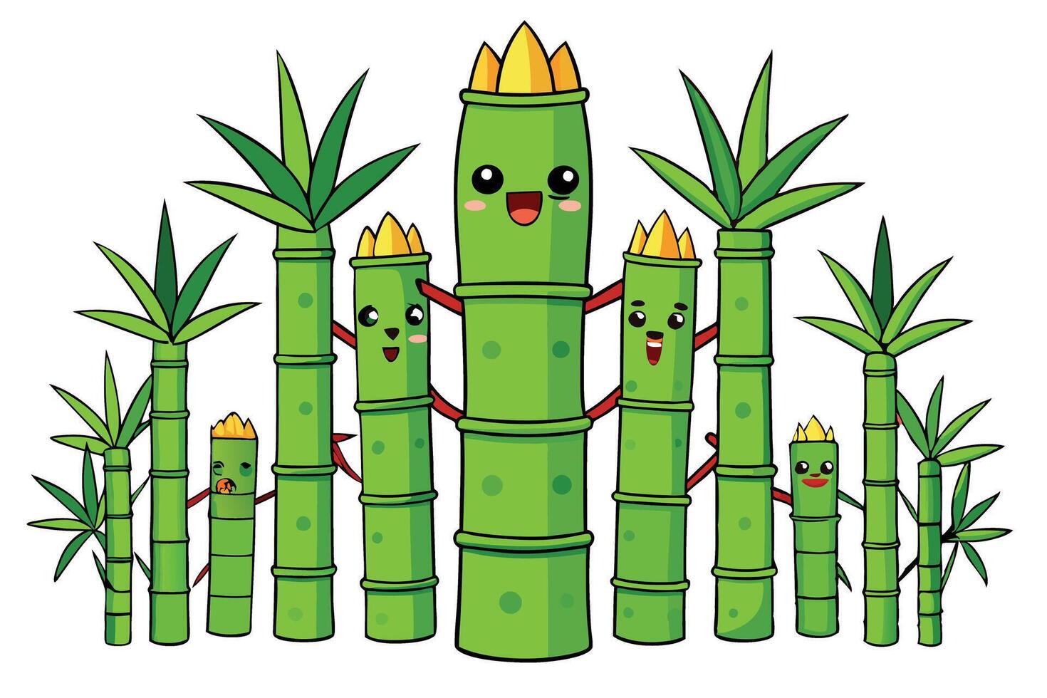 Cute and cheerful cartoon bamboo stalks with animated faces, ideal for illustrations focused on nature, Asian culture, and kid friendly themes vector