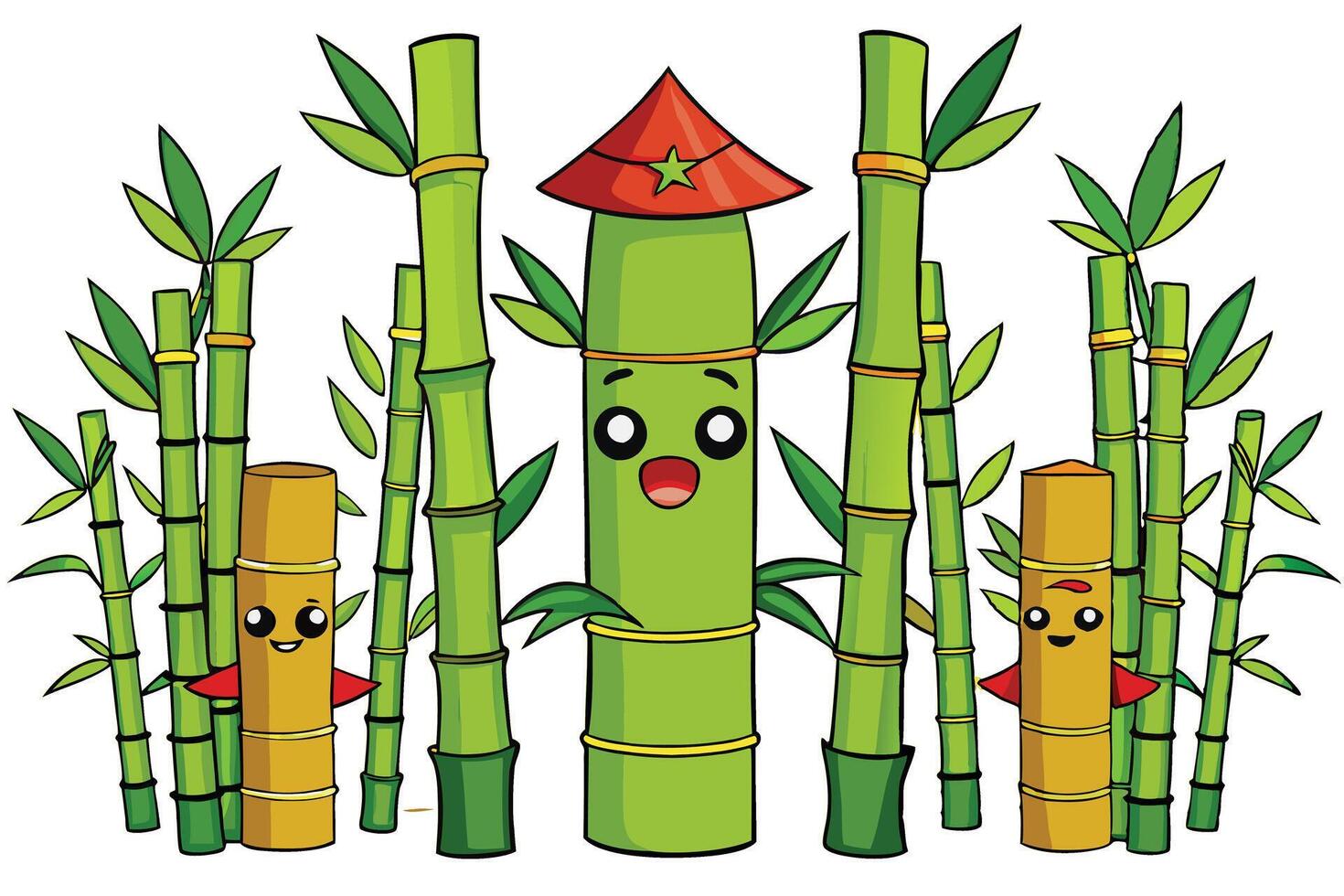 Cartoon bamboo plants with smiling faces and colorful red hats, perfect for fun, playful design projects, and Asian inspired illustrations vector