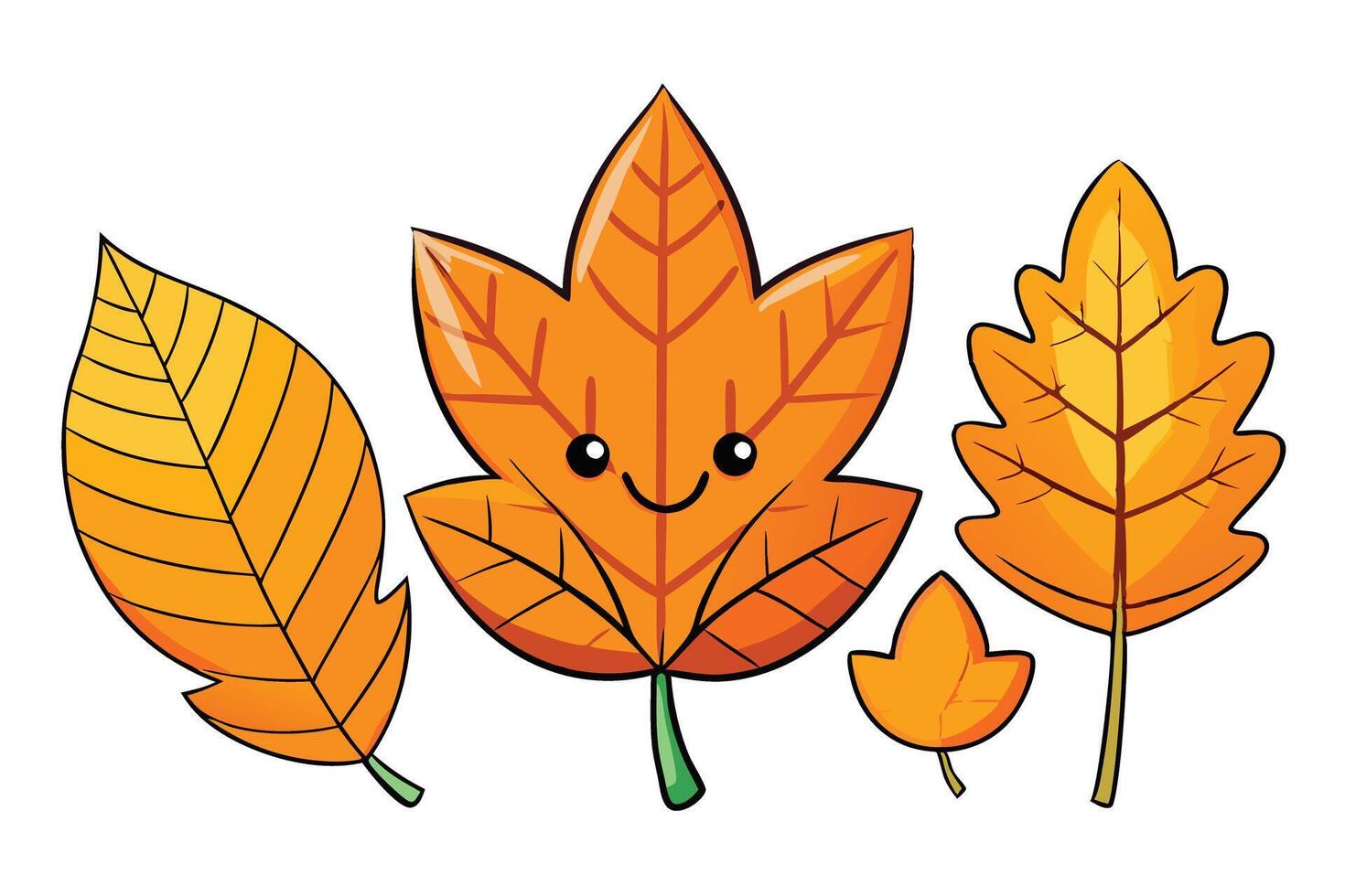 Stylized autumn leaves set with various shapes in orange, yellow, and green, ideal for fall themed designs and seasonal decorations vector