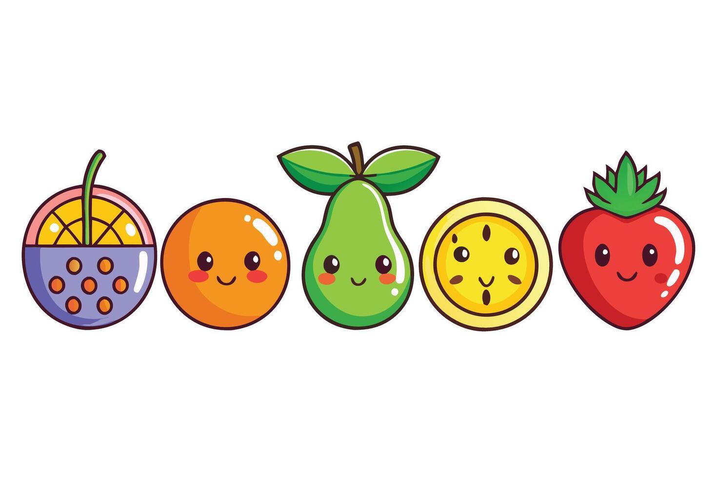 Set of colorful fruits in cute cartoon style featuring various fruits like pineapple, orange, pear, lemon, and strawberry with cheerful facial expressions vector