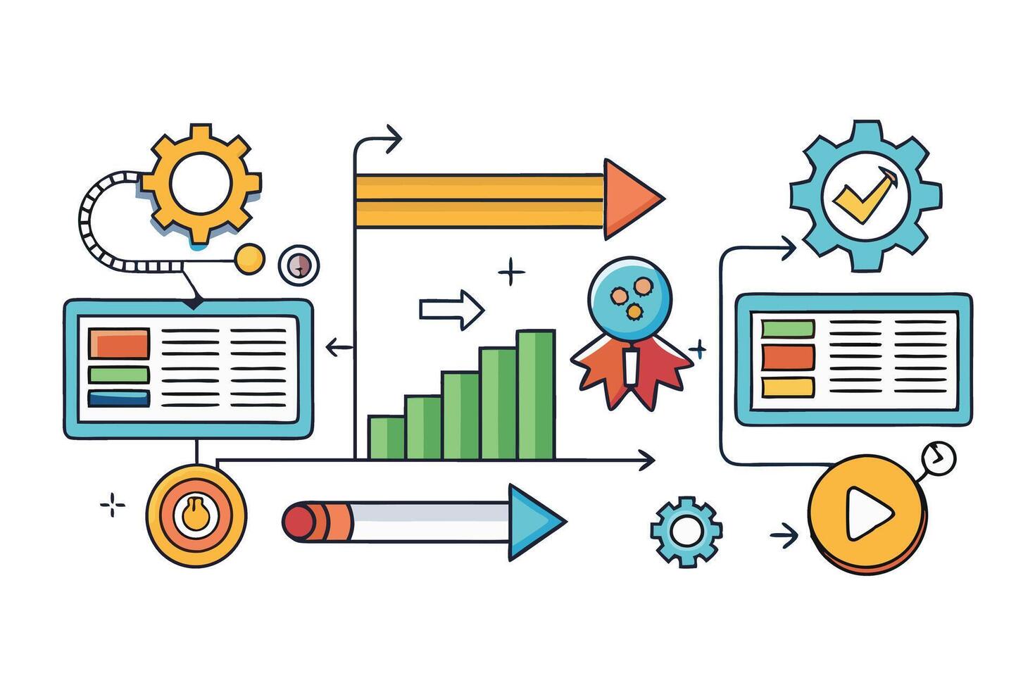 illustration of a business process with directional arrows, colorful icons, charts, and data analysis graphics for corporate design vector
