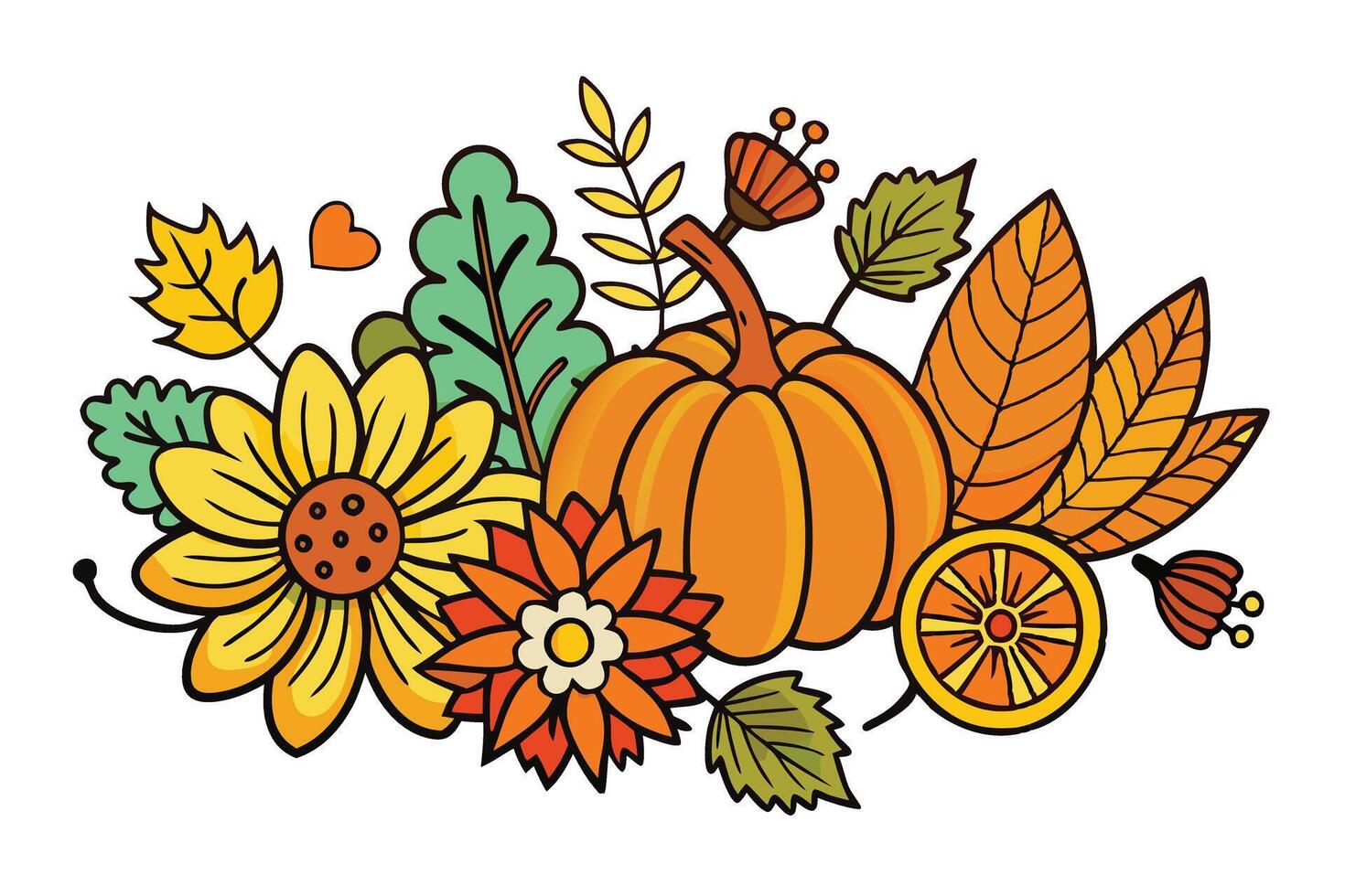 Autumnal flower and pumpkin doodle design with vibrant foliage, creating a cozy seasonal atmosphere perfect for fall themed graphics vector