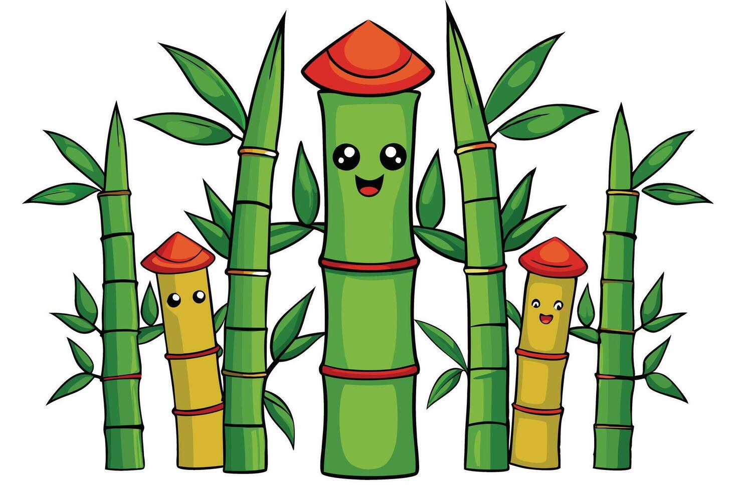 Animated bamboo stalks with happy expressions, featuring red roofs, great for Asian themed art, nature designs, and fun creative projects vector