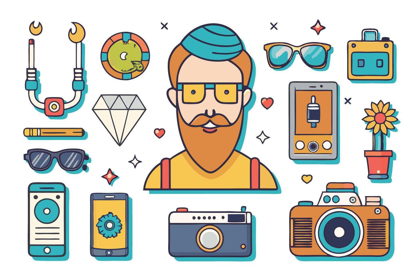 Artistic and colorful collection of retro style icons, accessories, and symbols in a hipster theme, perfect for modern creative projects and infographics vector