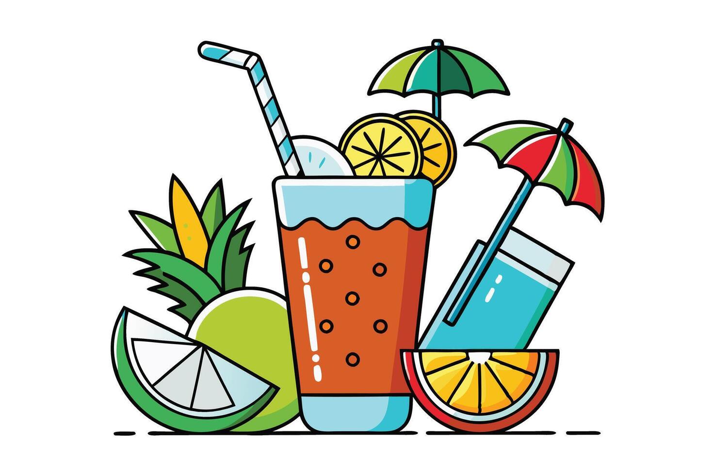 A bright tropical beverage with slices of citrus fruits, tropical leaves, and a cocktail umbrella, perfect for a beach or summer party setting vector