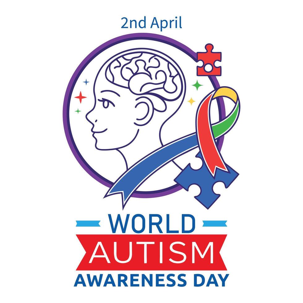 Illustration Of Human Brain With Ribbon And Puzzle Piece Concept Of World Autism Awareness Day vector