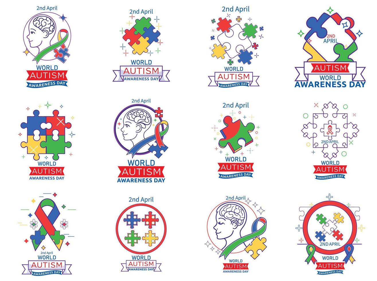 Ribbon And Puzzle Pieces Bundle Concept Of 2nd April World Autism Awareness Day Illustration vector