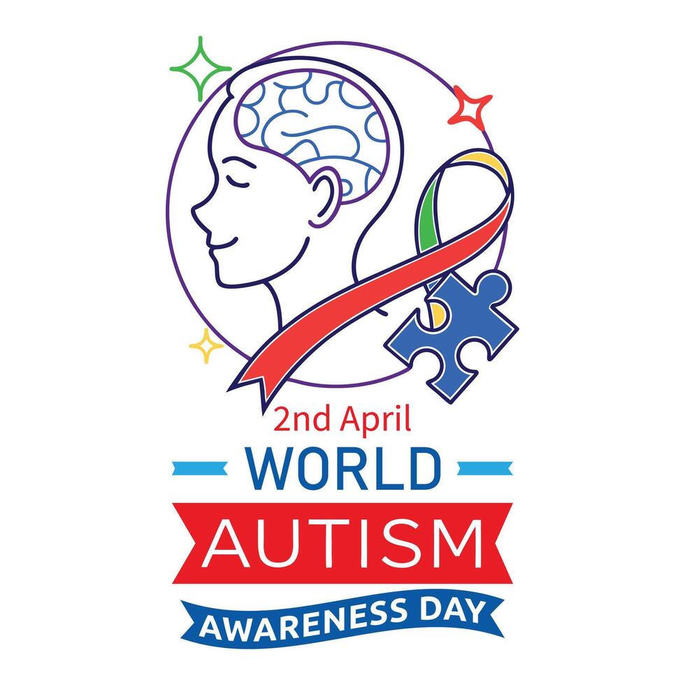 Human Brain With Ribbon And Puzzle Piece Symbol Of Autism Concept Of World Autism Awareness Day vector