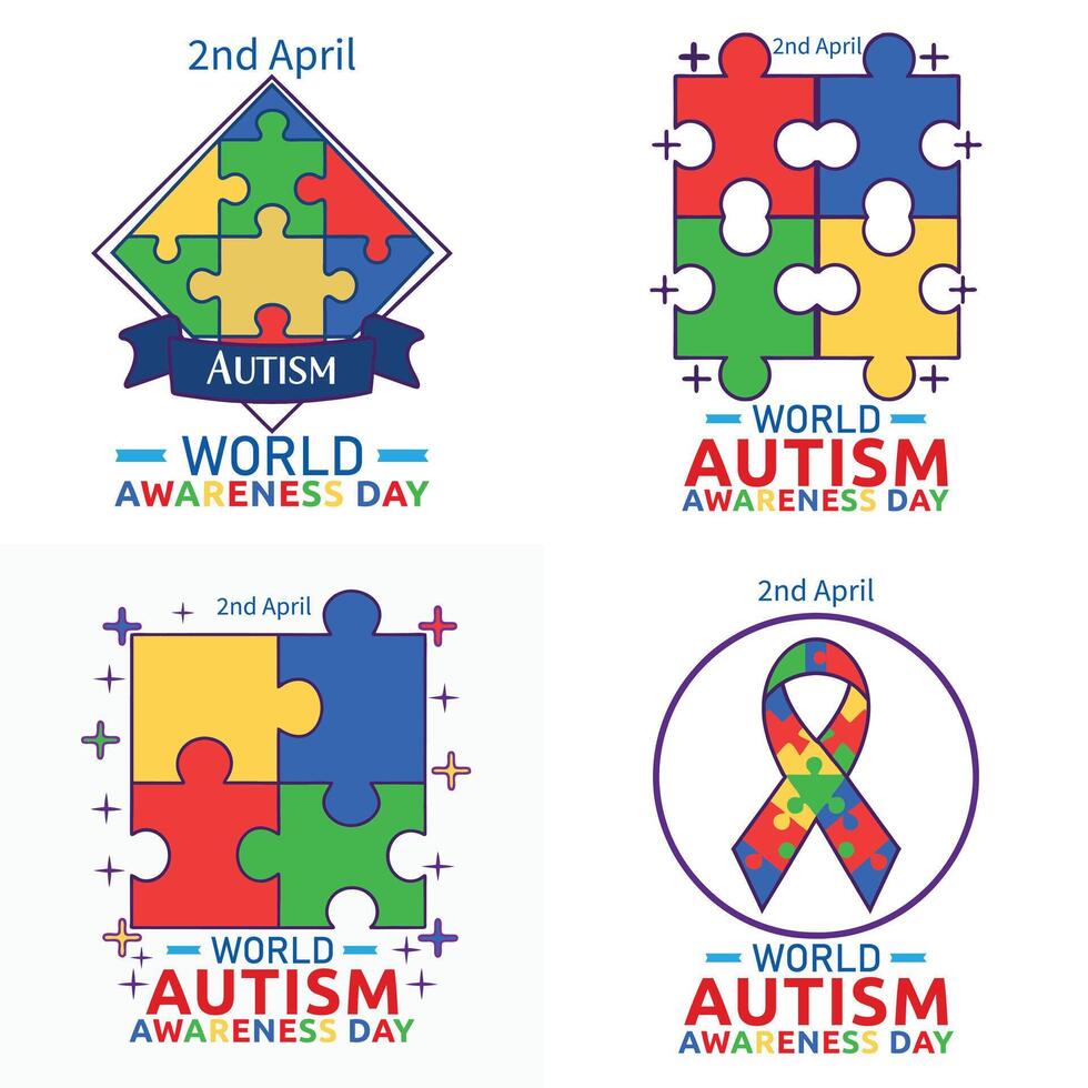 World Autism Awareness Day Concept 2nd April With Ribbon In Puzzle Pieces Symbol Of Autism Bundle Flat Illustration vector
