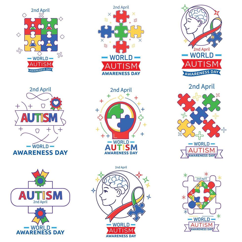 Bundle Of Human Brain With Autism Ribbon And Puzzle Pieces Concept Of World Autism Awareness Day Illustration vector