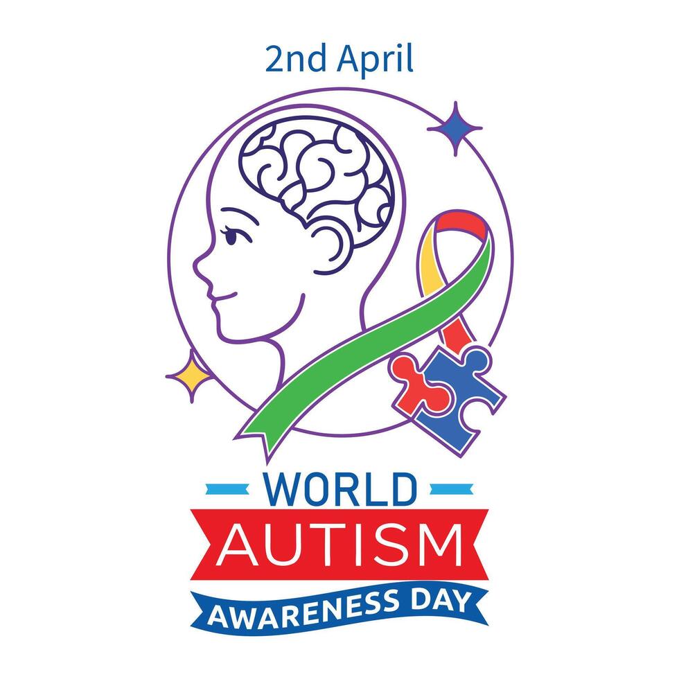 Symbol Of Ribbon With Human Brain And Puzzle piece 2nd April World Autism Awareness Day Concept Illustration vector