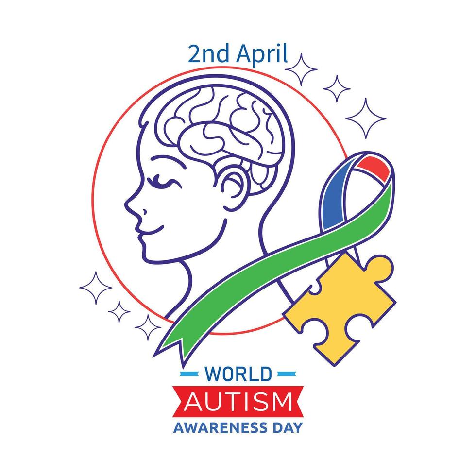 Symbol Of Autism Puzzle Piece With Ribbon And Human Brain And 2nd April World Autism Awareness Day Concept Illustration Flat Style vector