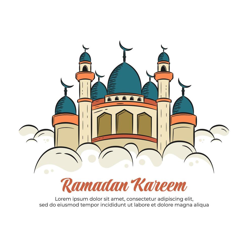 Mosque on The Cloud with Doodle Vintage Style, Ramadan Greeting Design vector