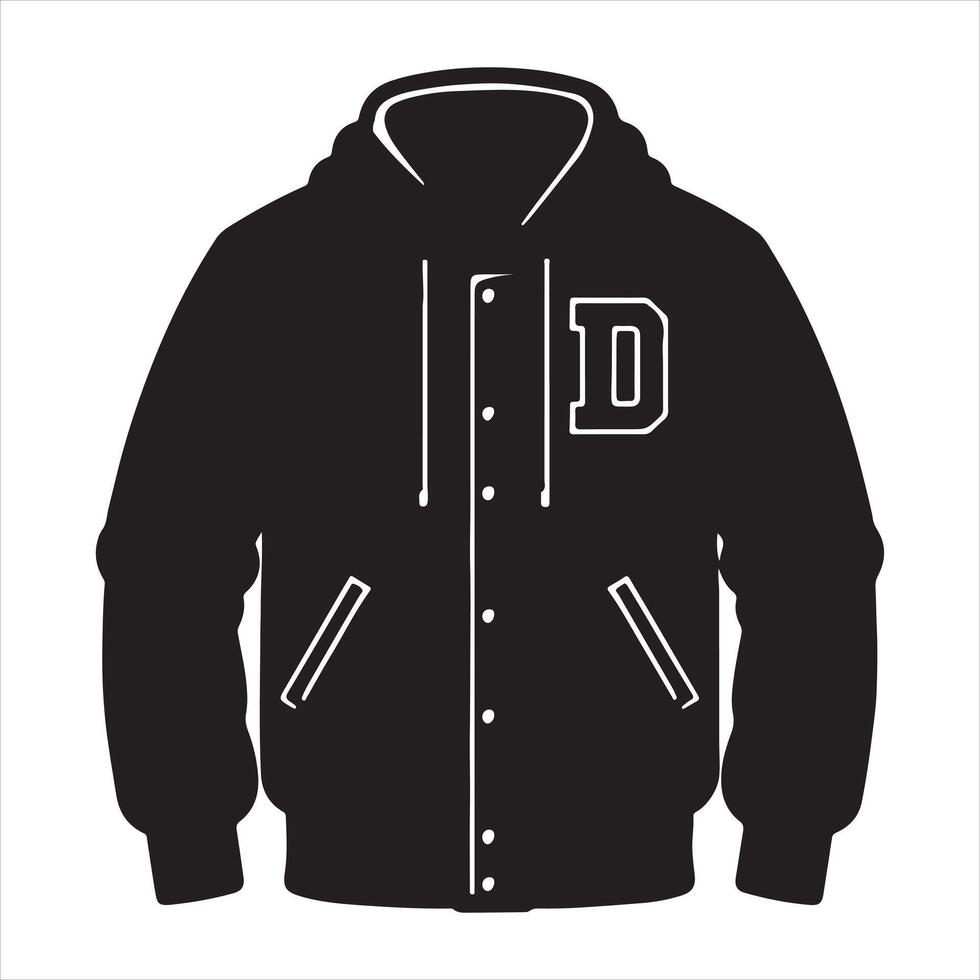 Simple Varsity Jacket Black silhouette white background vector