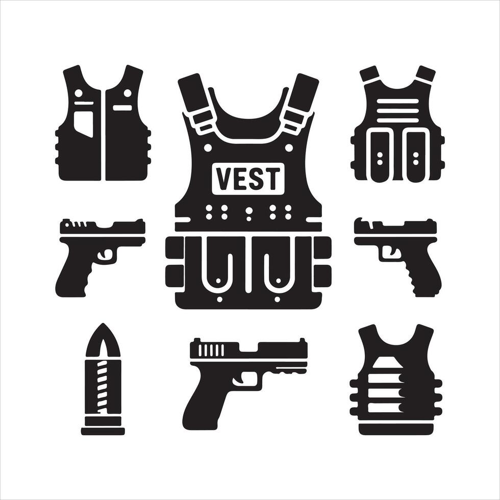 Bulletproof vest icons black silhouette on white background vector