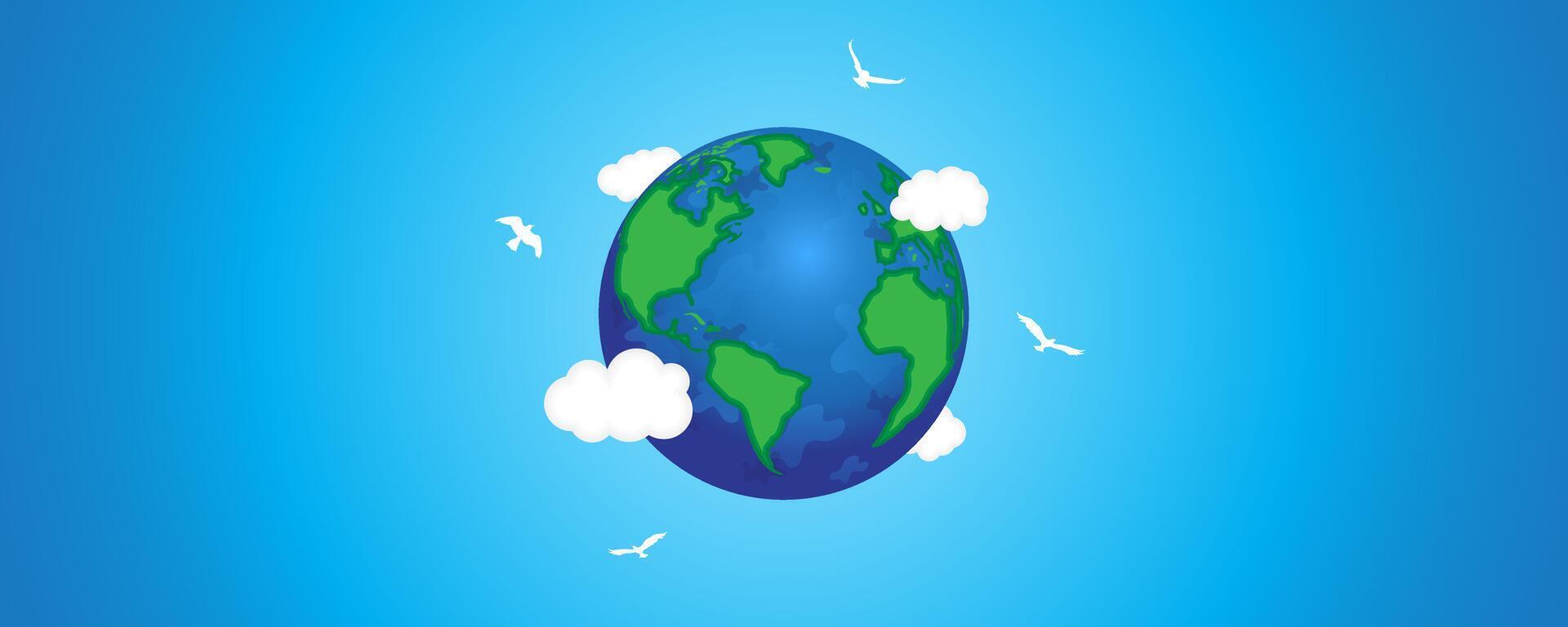 earth with clouds and birds flying around for earth day, protect earth, nature care banner background template vector
