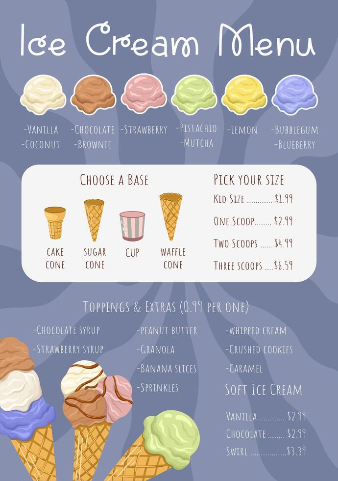 Editable Ice Cream Menu template with pricing section. vector