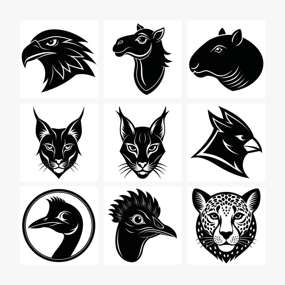 buzzard camel capybara caracal animals head bundle set vector