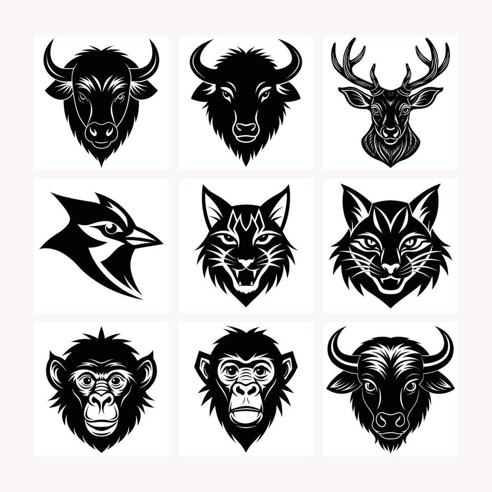 Bison deer blue bobcat bonobo animal head silhouette icon set vector