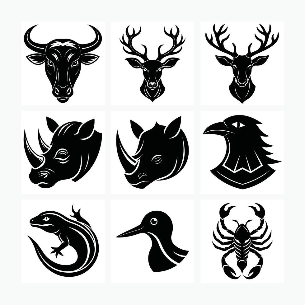 Bull reindeer rhinoceros rook animal head bundle set vector