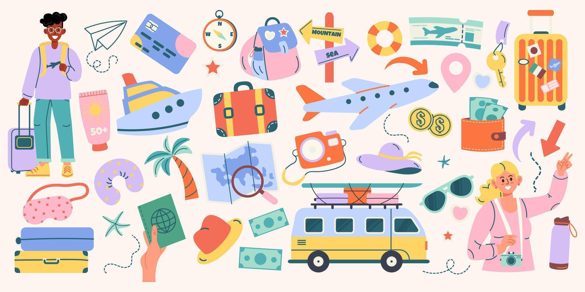 Set of travel elements hand drawn with lettering vector