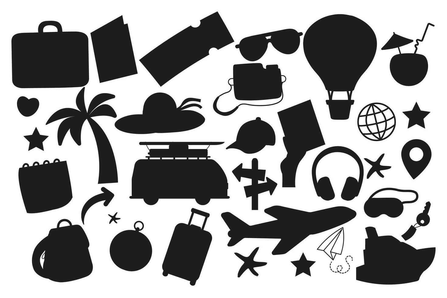 Set silhouette of travel elements hand drawn vector