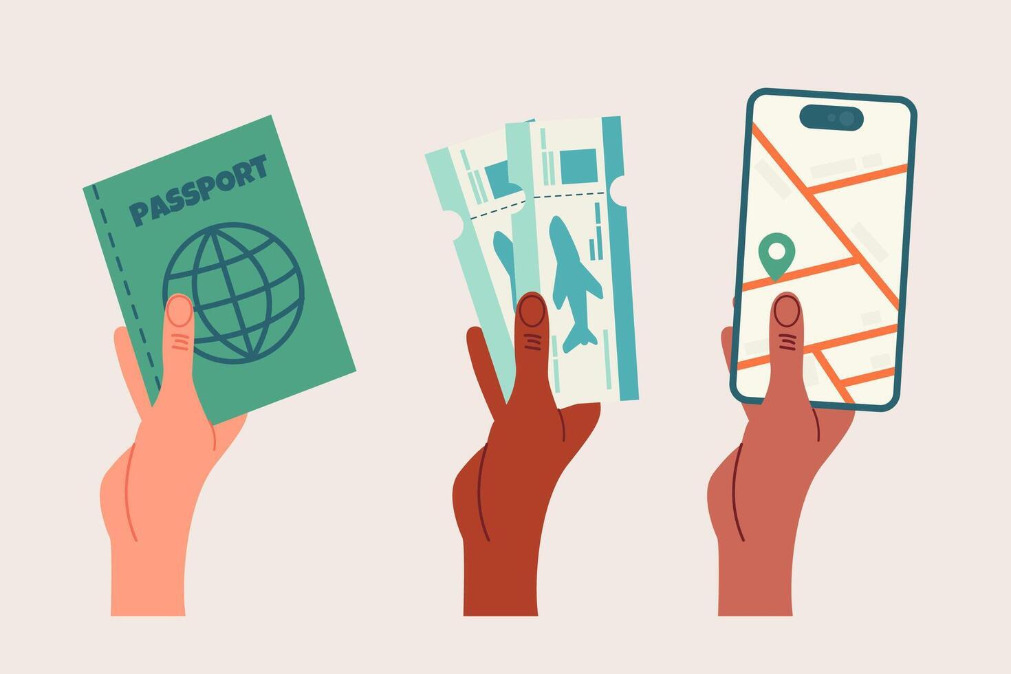 Different hands holding passport, tickets, smartphone hand drawn vector