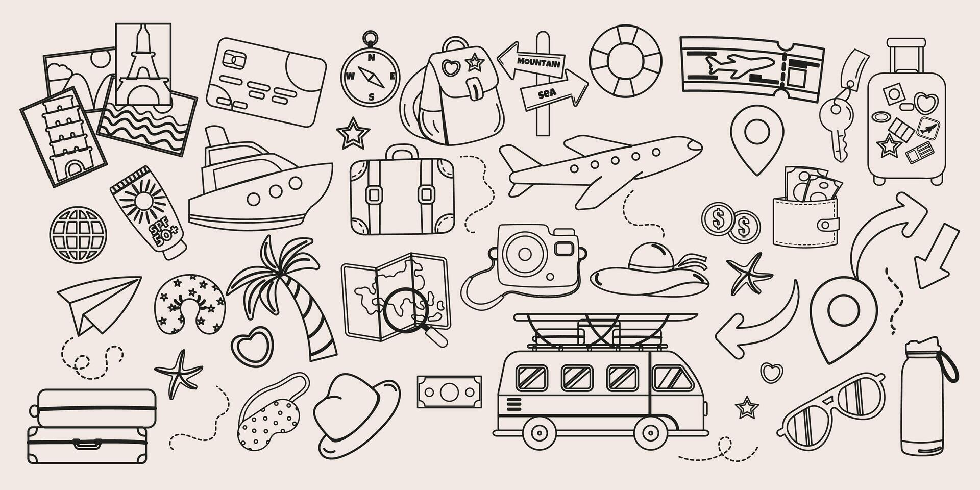Set outline of travel elements hand drawn with lettering vector
