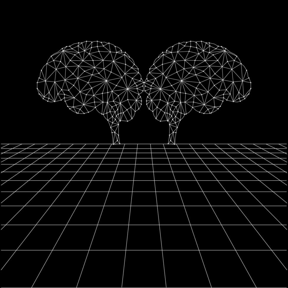 Brain polygonal lines on the Synthwave vaporwave, perspective grids, wireframe landscape background, laser grid in deep space. Version 2 vector