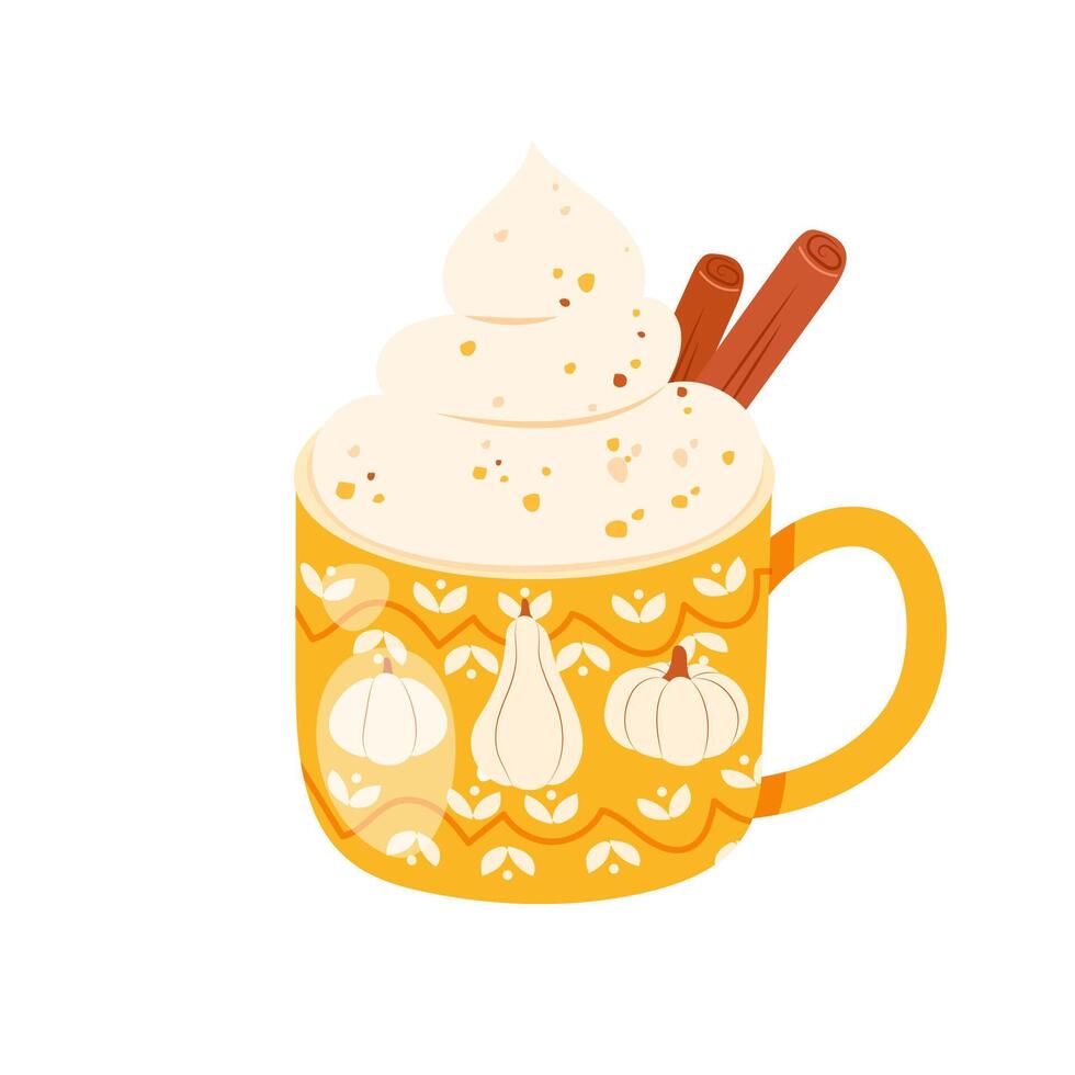Cozy pumpkin spice latte mug with whipped cream and cinnamon sticks isolated on white background. Hand drawn illustration in flat cartoon style. Fall or autumn seasonal beverage concept vector