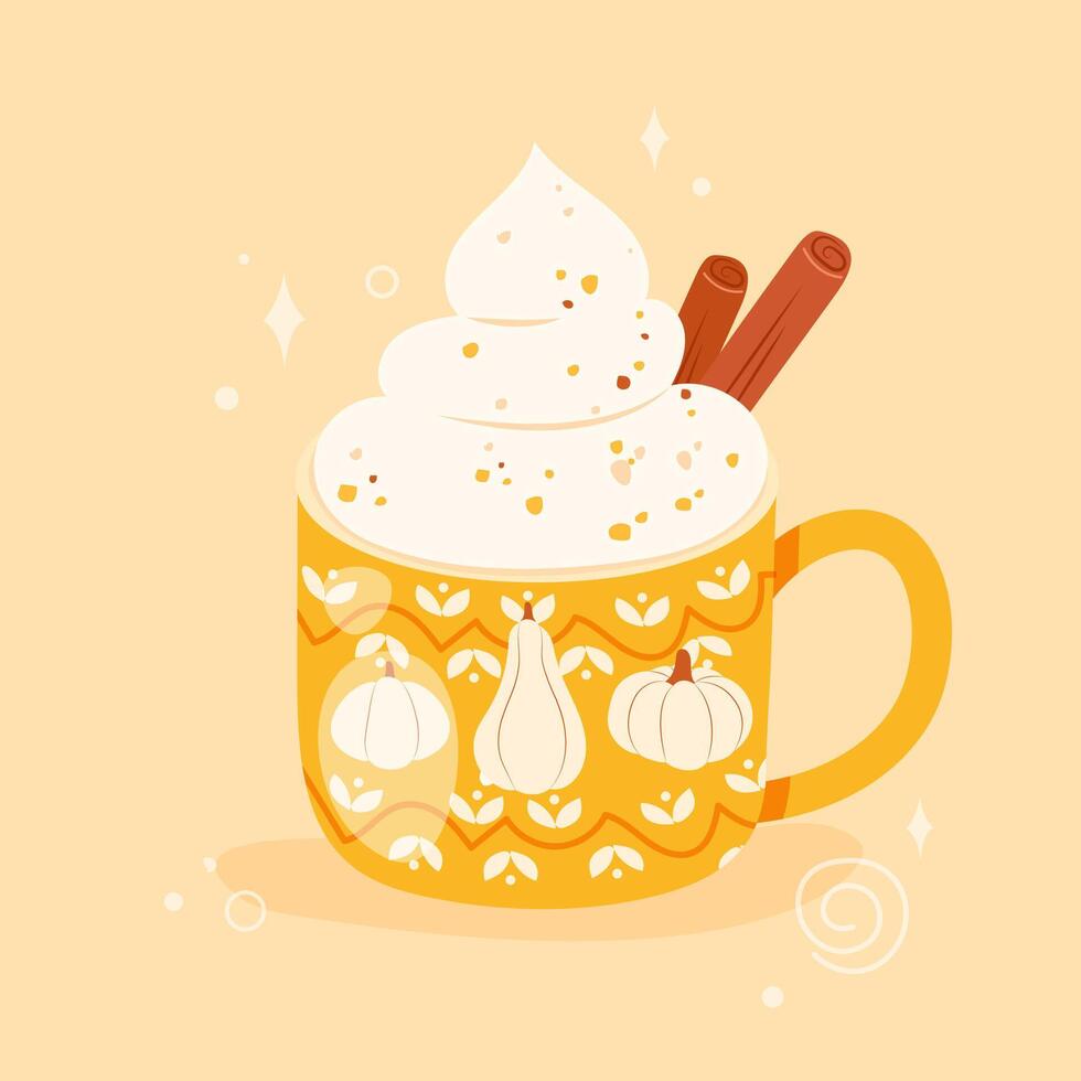 Cute pumpkin spice latte with whipped cream and cinnamon sticks. Autumn or fall season coffee beverage concept. Hand drawn flat cartoon style vector