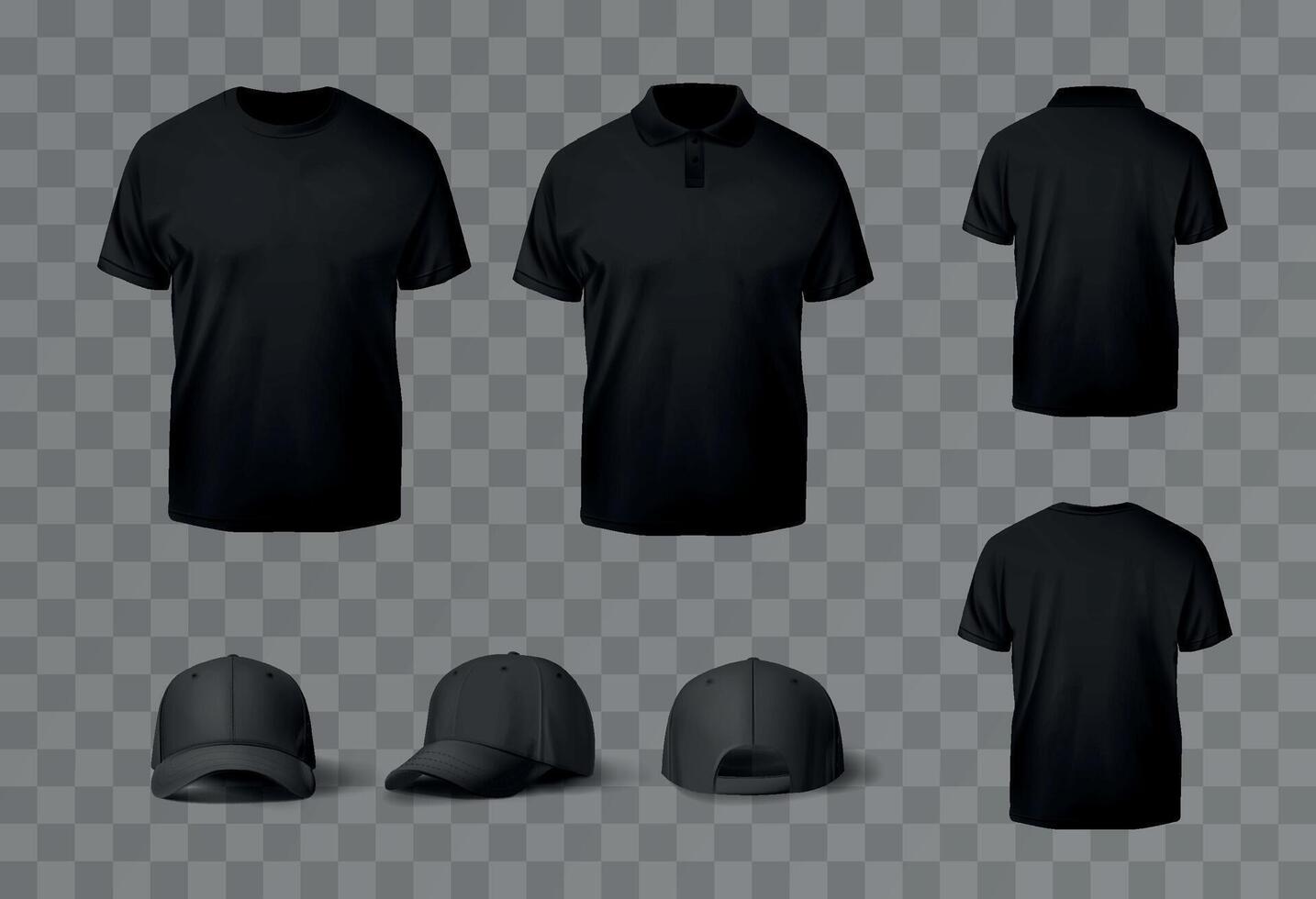 Realistic black t-shirt and black baseball caps mock up. No sleeve shirt template for designs vector