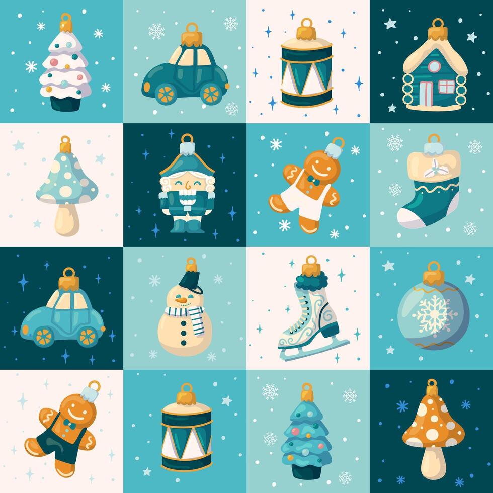 Festive seamless pattern. Christmas ornaments in squares. For wrapping paper, fabric, background. vector