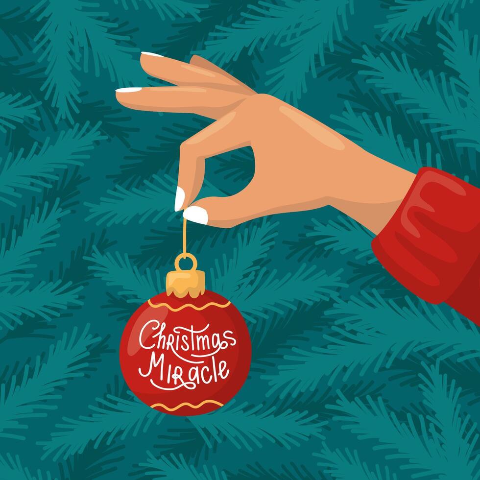 A hand decorating a Christmas tree, holding an ornament. Christmas ball. Tree branches background vector
