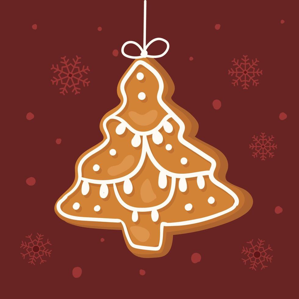 New Year cookie in shape of a tree hanging on a string. Christmas decoration. illustration vector