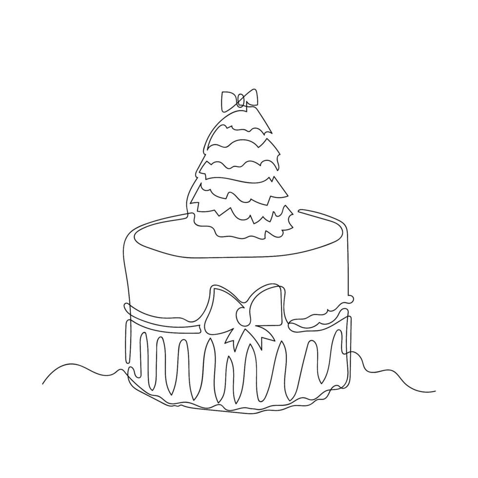 Christmas cake with tree decor in one-line drawing style. minimalist illustration. vector
