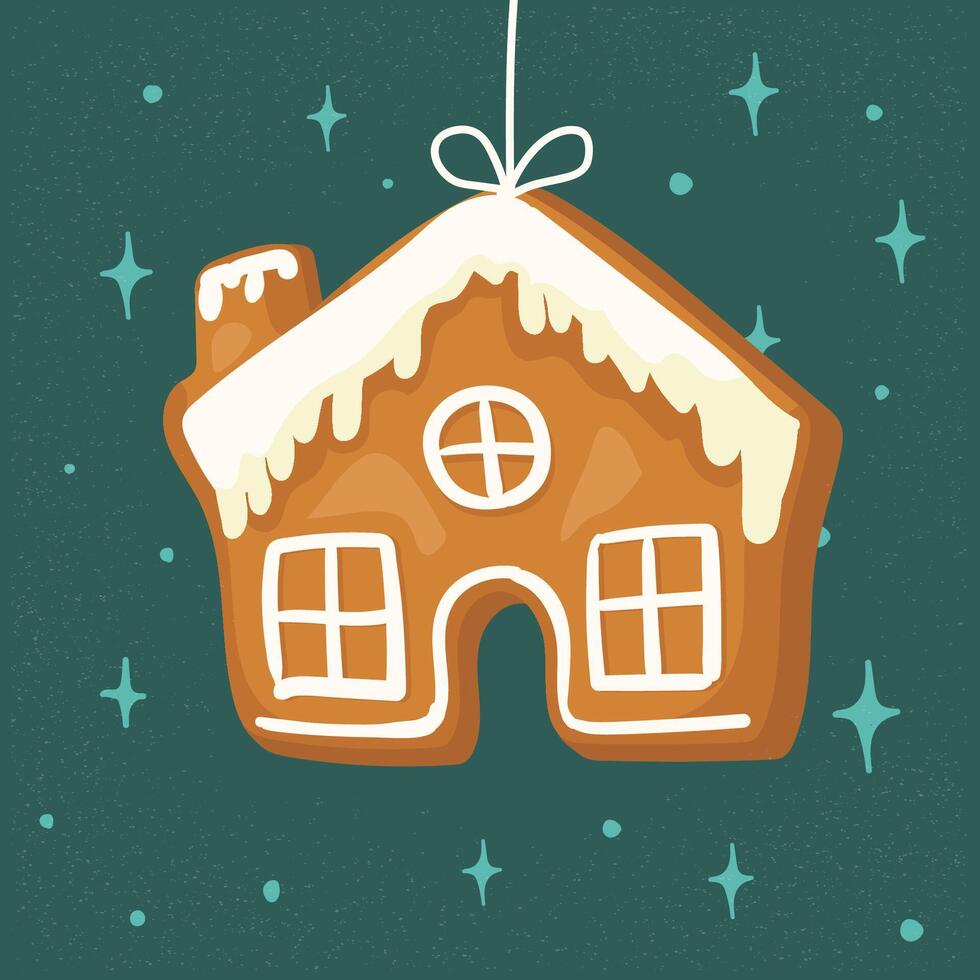 New Year cookie in shape of house hanging on string. Christmas decoration. illustration vector