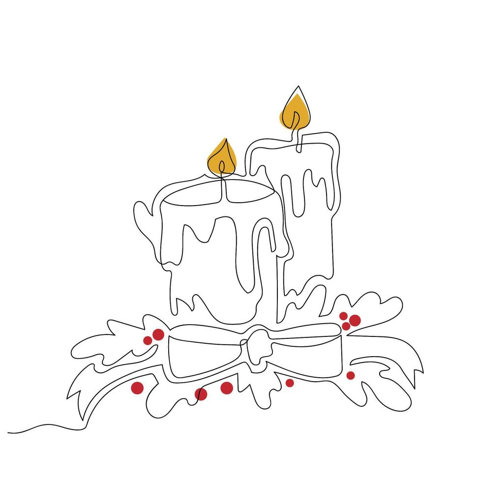 Christmas candles with a bow and pine branches in one line drawing style. minimalist illustration. vector