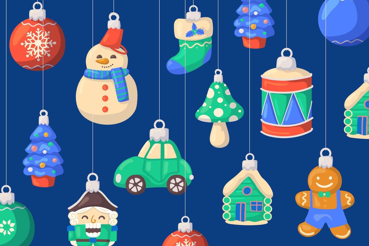 illustration of hanging Christmas ornaments. Car, tree, drum, snowman. Festive background. vector