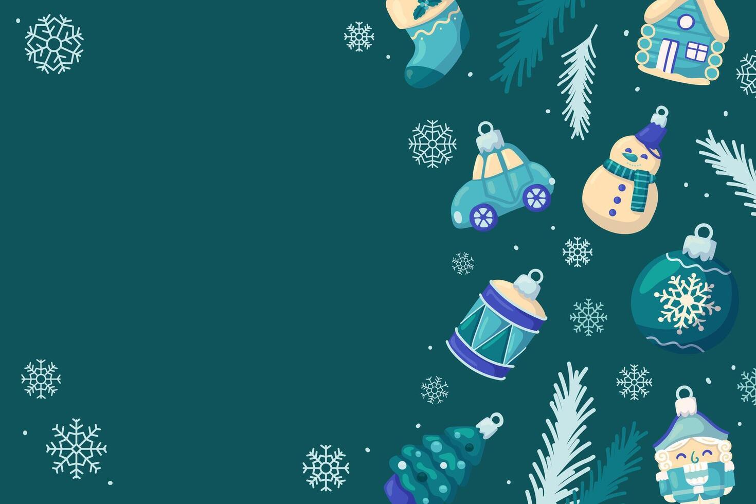 Green Christmas holiday background for text. Copy space. Christmas ornaments and fir branches. vector