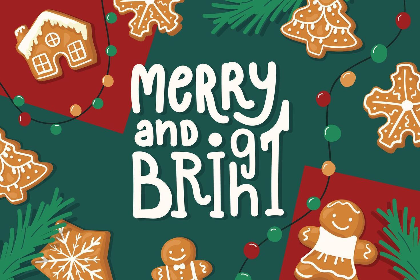 New Year background for text. Banner for print and website. Christmas gingerbread cookies, fir branches, and garlands. vector