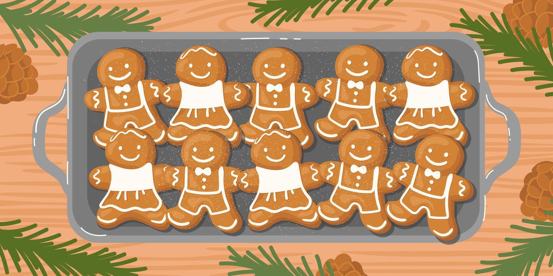 A baking tray with hot gingerbread cookies on the table, surrounded by fir branches and pinecones. vector