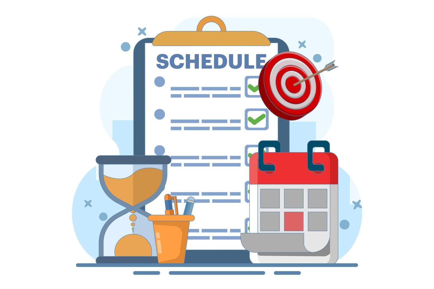 Meeting agenda, goal concept to be completed. Time management, planning project, calendar and pen box, completing work tasks, organizing schedule. Flat illustration on background. vector