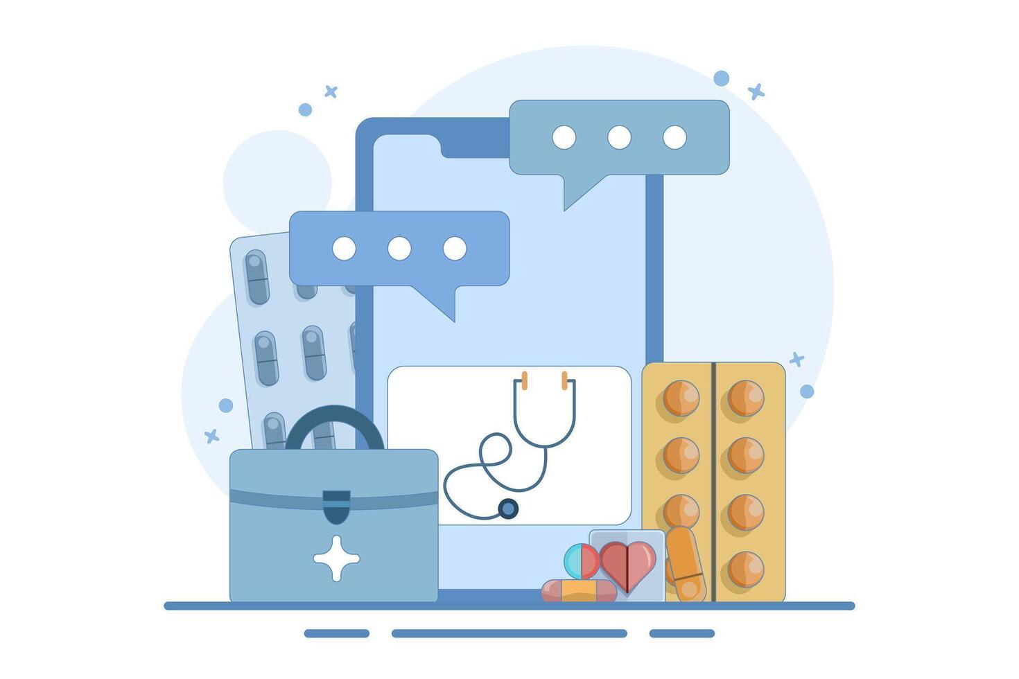 Online health telemedicine concept. Online medical consultation and healthcare services via mobile application of internet clinic connected to computer. Online doctor consultation. illustration. vector