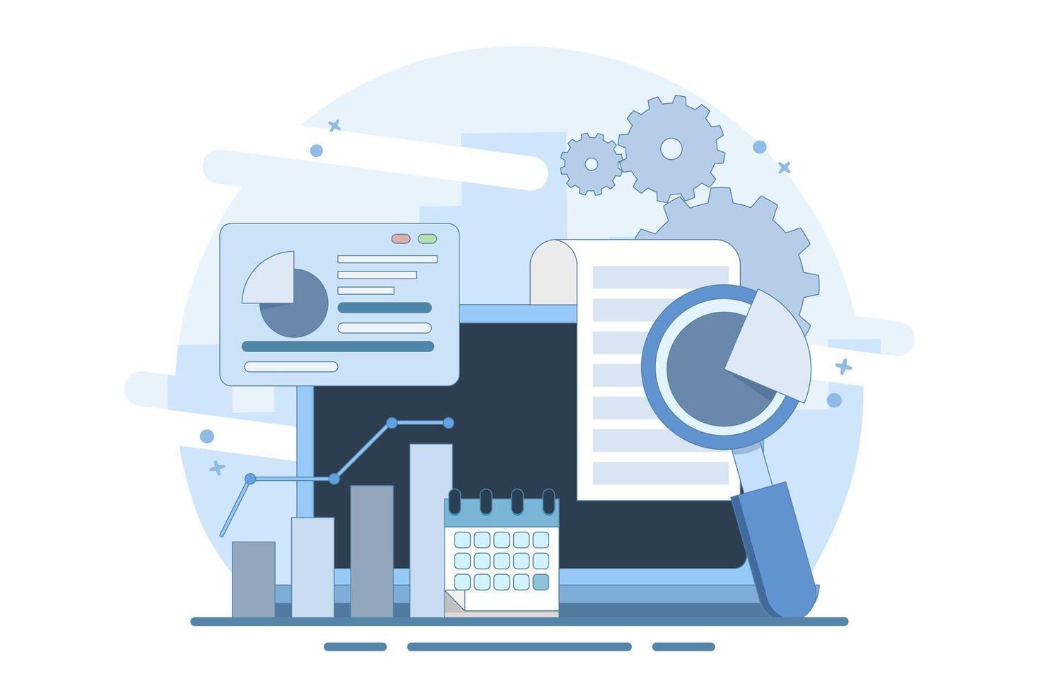 Financial Diagram Analysis Concept with Magnifying Glass Financial Business Chart. Audit, business analysis concept. Opportunities. Audit chart and documentation. Flat illustration. vector