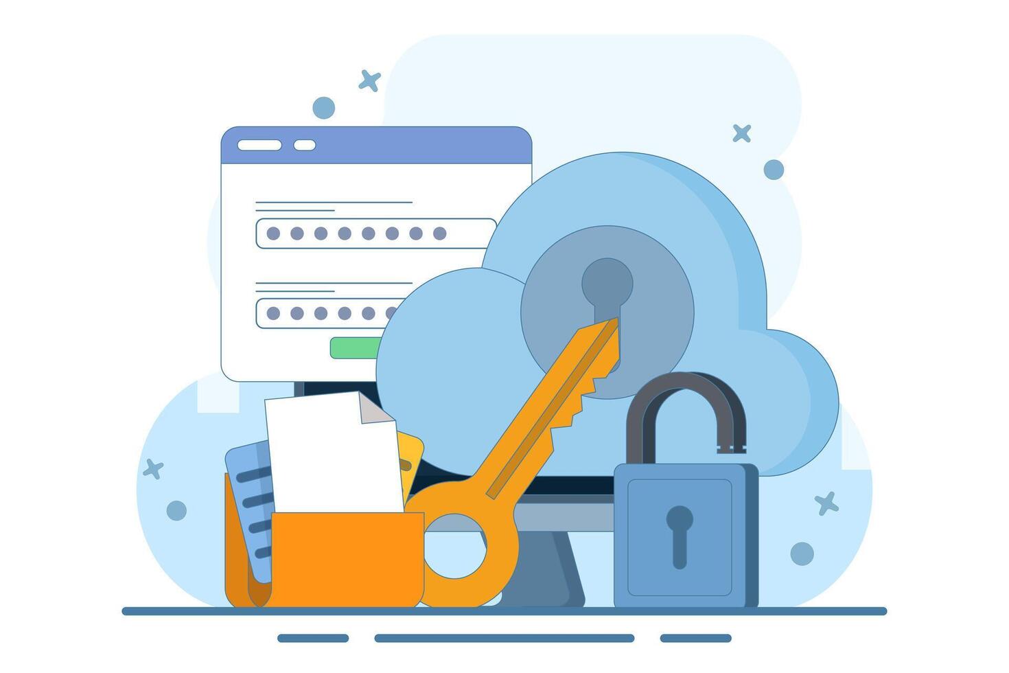 Cloud security system concept, Data stored on secure cloud server, Cloud storage password authentication, Password key security, Design illustration. vector