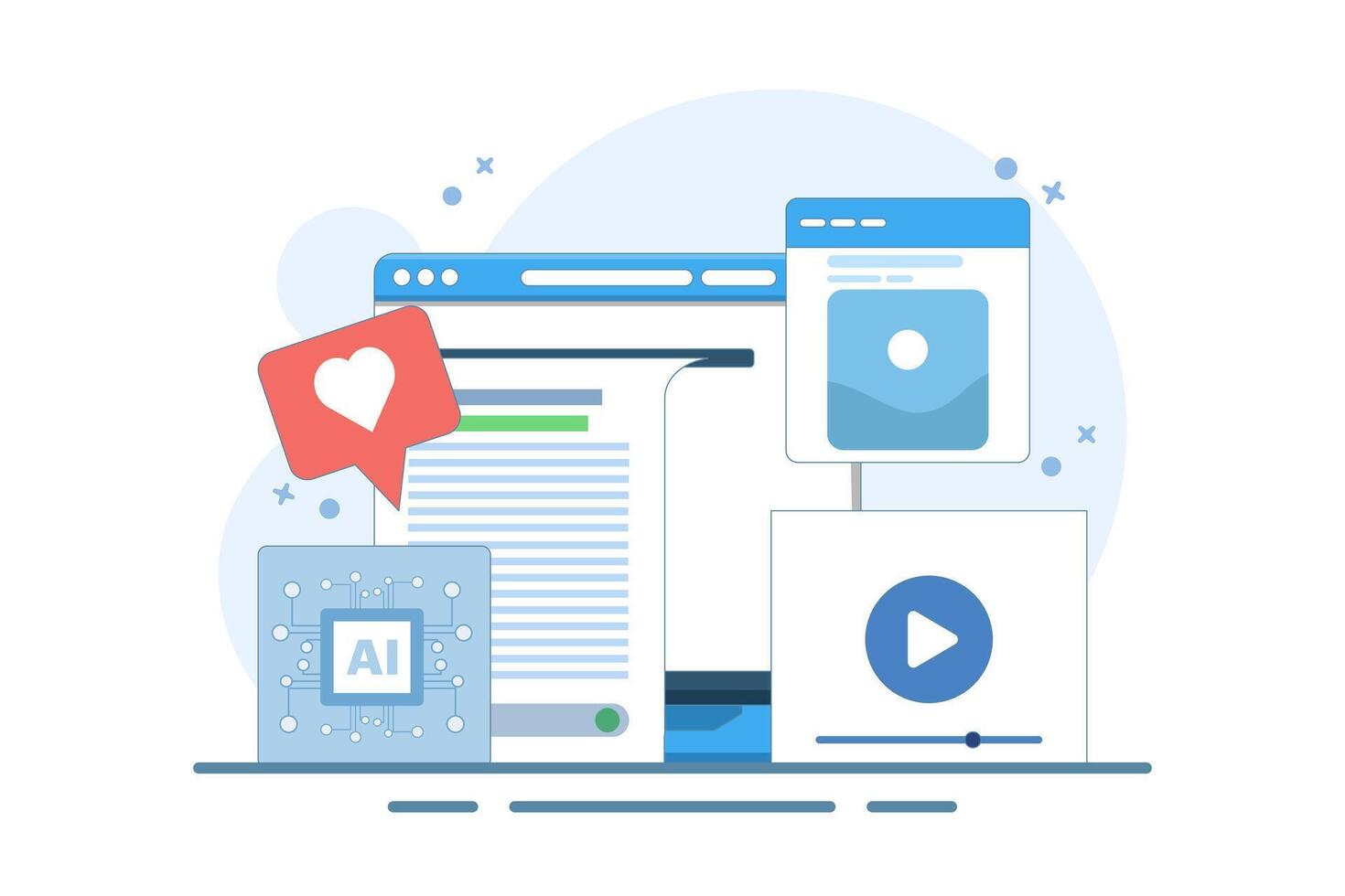 AI content generator concept, Artificial intelligence generating text, and image content, AI content for business, flat illustration template on background. vector