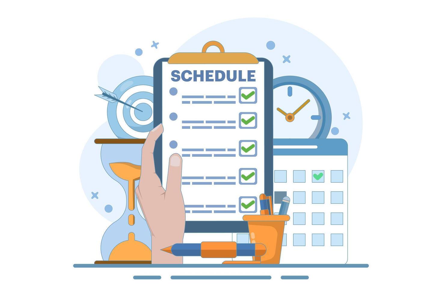 Meeting agenda, goal concept to be completed. Time management, planning project, calendar and pen box, completing work tasks, organizing schedule. Flat design illustration vector