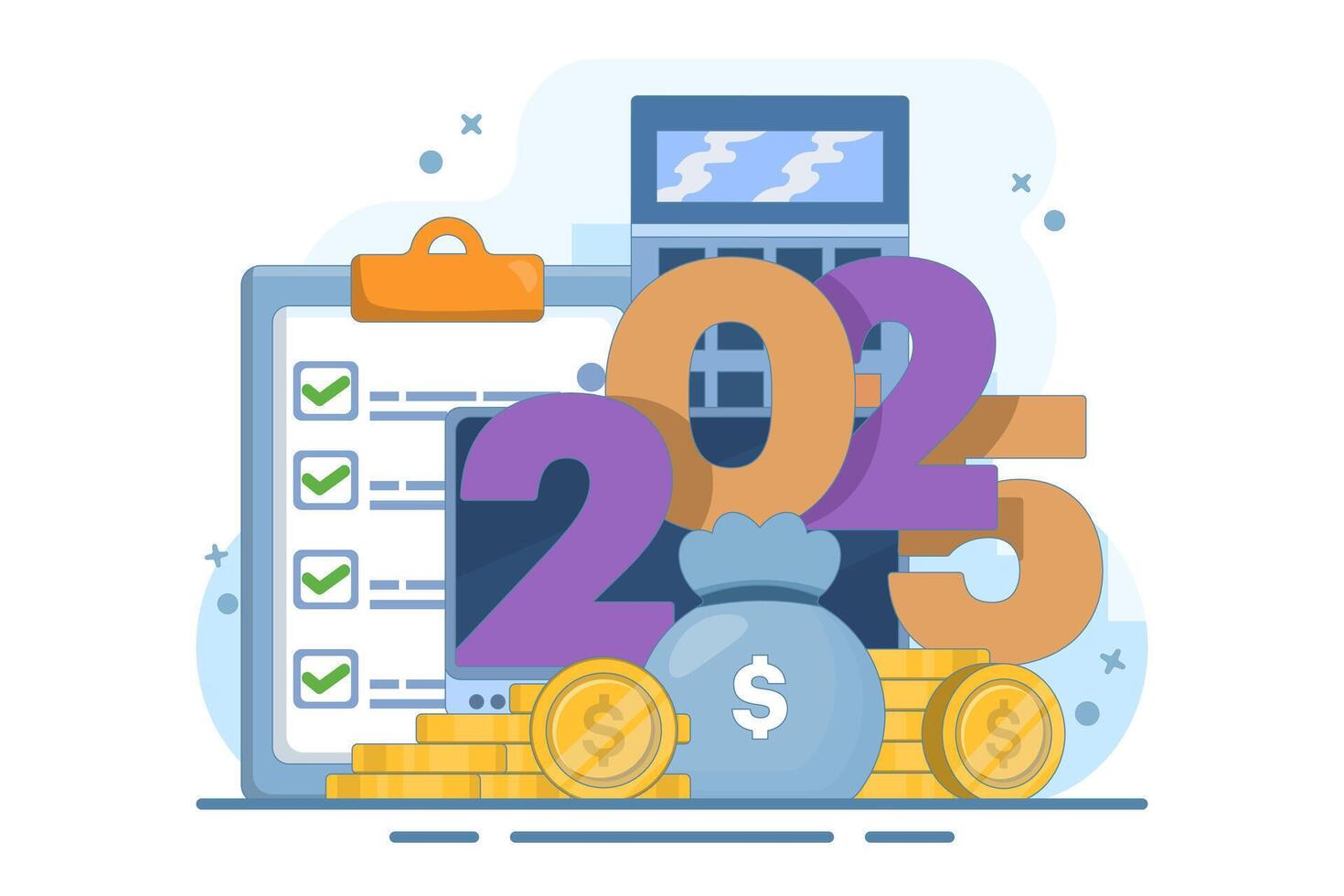 budget concept for 2025. Business or family financial planning. Explore the booth near the date 2025, calculator, coins, globe. Modern flat style, flat design illustration in the background. vector